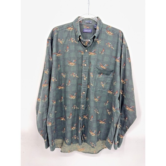 Vintage Gant Chelsea Twill Mens Button Down Green Bird Shirt Size L Retro Unique - Picture 1 of 5